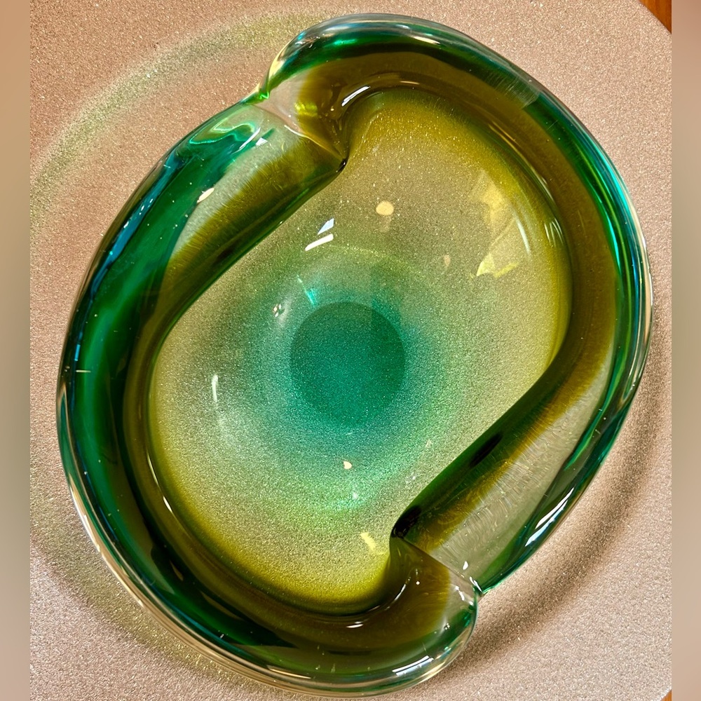 VTG MURANO AVEM GEODE BOWL EMERALD GREEN W/HINTS OF AZURE ART GLASS DISH (VIDEO)